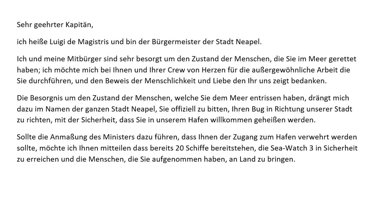 Auf #SeaWatch3 erhielten wir einen Brief vom Bürgermeister von Neapel. Wir sind tief bewegt und froh, dass europäische Solidarität noch etwas bedeutet, wenn nicht für Innenminister, dann für die Bürgermeister und Menschen einer wachsenden Bewegung von #SolidarityCities. Danke! 👇