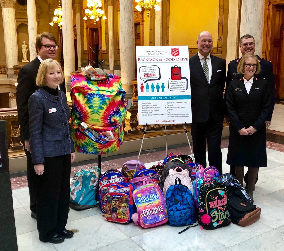 INHouseGOP's tweet photo. Legislators and House staff are collecting new and gently used backpacks, and non-perishable food items like peanut butter, breakfast bars, cereal, canned fruit, crackers and oatmeal to help #Eliminate68 https://t.co/7FPdxQnPOa