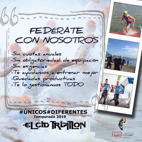 FEDÉRATE 
CON NOSOTROS

  -Sin cuotas anuales
  -Sin obligatoriedad de equipación
  -Sin exigencias
  -Te ayudamos a entrenar mejor
  -Quedadas productivas
  -Te lo gestionamos TODO

➡️DISTINTOS, ÚNICOS⬅️
📧 elcidtriatlon@gmail.com
#pasionporeltriatlon
#Valdemoro  #Triatlón ®️