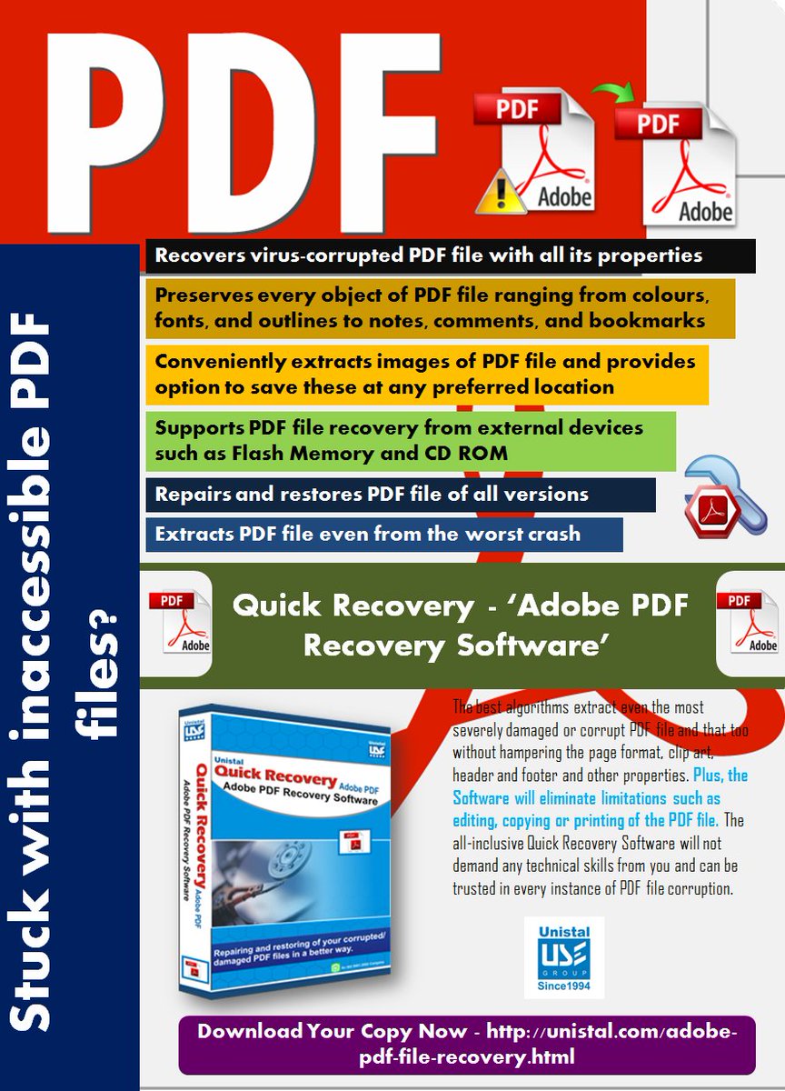 UnistalGlobal's tweet photo. Stuck with inaccessible PDF files? Recover it Now..!!
Download Your Copy of 'Adobe PDF Recovery Software' - https://t.co/3321UhL9UV
#PDFrecovery #PdfRecoverySoftware #DataRecovery #PDFeditor #PDFcorrupt #PDFRepairingSoftware #Unistal #UnistalSoftware https://t.co/Ix7x4vHFzV