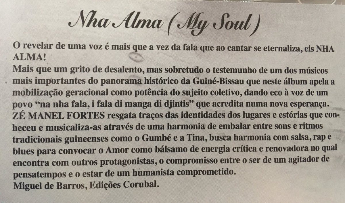 debarros_miguel's tweet photo. “O revelar de uma voz é mais que uma vez da fala que ao cantar se eterniza, eis NHA ALMA (...) Zé Manel Fortes resgata traços da identidade dos lugares e estórias” https://t.co/wzP15cuHyh