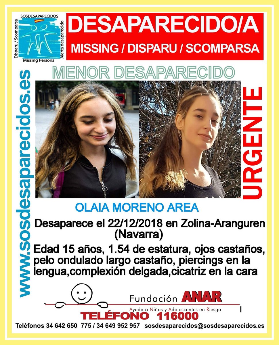 guardiacivil's tweet photo. 🆘MUYURGENTE⚠
Insistimos, seguimos buscando a Olaia. Sólo tiene 15 años y ha #desaparecido en #Zolina-Aranguren. #Navarra. ¿Si la has visto?
📲 Llama: 
☎️ #062 ☎️ #091 ☎️#112
Tu RT no cuesta nada y puede ayudarla. https://t.co/vuavXRqYAZ
