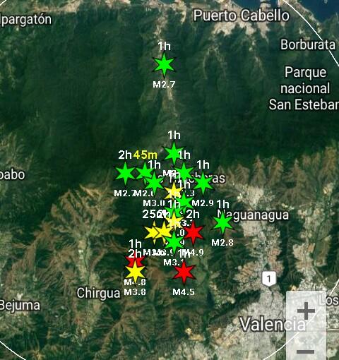 fcobongiorno's tweet photo. Epicentros de los #Sismos que se han registrado después del de magnitud 5.1centró-norte de Venezuela actualmente hay "enjambre" sísmico. Mantener la calma y estar prevenidos https://t.co/dVXN1XsScP