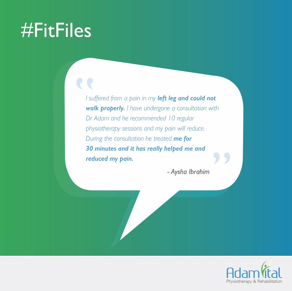 AdamVitalHealth's tweet photo. Patient feedback and recovery stories are what keeps the team at Adam Vital Physiotherapy and Rehabilitation Centre motivated to get you better and stronger. Share your experiences with us, use the #myadamvital and your story could be featured on #FitFiles
#fitfiles #myadamvital https://t.co/C5O9kvCZZb