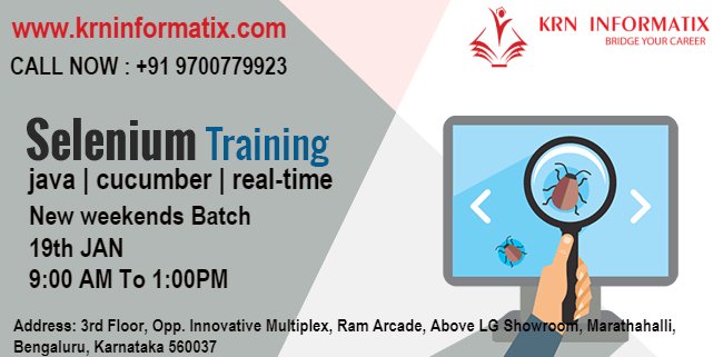 krninformatix's tweet photo. Best Selenium + Java + Cucumber + Real Time Projects Training in Bangalore. New Batches Schedules 
WEEKDAY - 2/01/2019 -7:30 am - 9:00 am -Morning
 7/01/2019 -7.00 pm - 8:30 pm -evening 
 10/01/2019 -8:00 am - 9:30 am -Morning
 WEEKEND - 19/01/2019 -9.00 am - 1.00 pm - Morning https://t.co/knXOHYj5SR