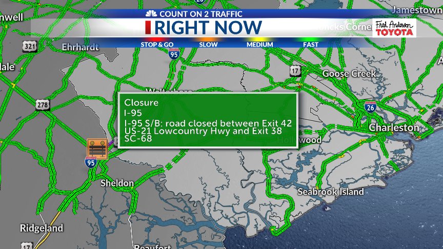 counton2traffic's tweet photo. COUNT ON 2 TRAFFIC:  Road closed due to vehicle fire on I-95 Southbound between Exit 42 US-21 Lowcountry Hwy and Exit 38 SC-68. https://t.co/8bcBNtLYrJ