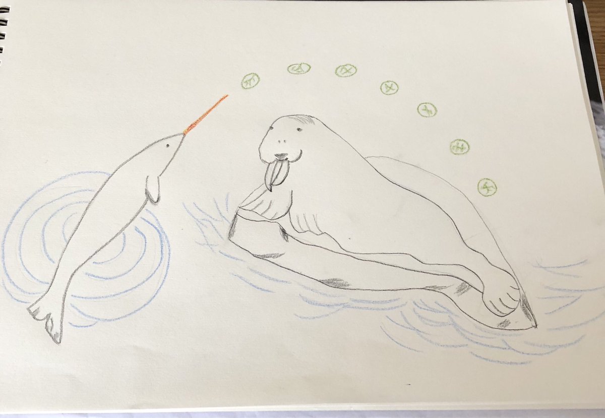 Hazbunny's tweet photo. @mariawylie Sorry Maria I got the #doodle bug so sending you a festive narwhal with a carrot nose shooting sprouts at a walrus. Your challenge (updated) is to make your walrus have parsnips for tusks!!!! https://t.co/96ODR9ktXi
