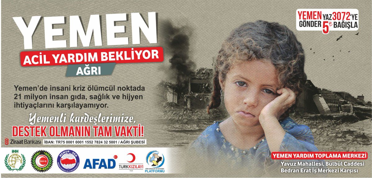 ruhungemisipost's tweet photo. Ağrı'daki STK'lar olarak 3yılda 85 Bin çocuğun ölümüne sebep olan Yemen'deki insani krizden etkilenen kardeşlerimiz için harekete geçiyoruz.
Bu gün saat 12.20'de YEMEN YARDIM MERKEZİ açıyoruz. Sizi Yemenli çocuklarımıza destek olmaya davet ediyoruz. @agrikadap @ihhinsaniyardim https://t.co/leFZbpJnc0