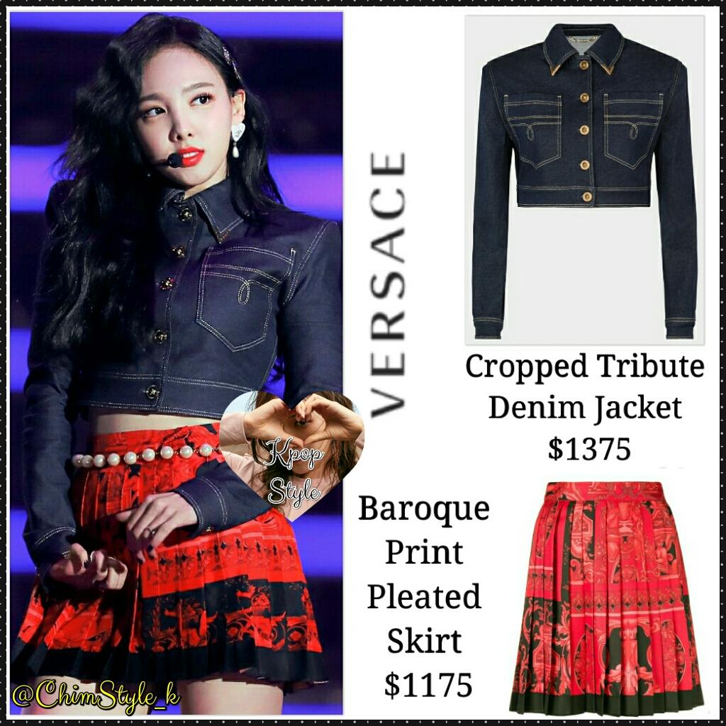 Kpop Style Twice S Nayeon Sbs Gayo Daejun 18 Jacket Versace Cropped Tribute Denim Jacket 1375 Skirt Versace Baroque Print Red Pleated Skirt 1175