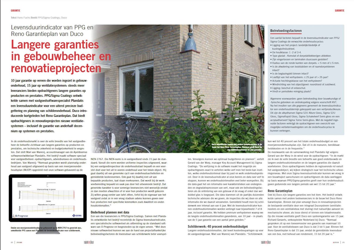 In de <a href="/rd_redactie/">Raam en Deur</a> een interview met collega <a href="/WanroijM/">Mari van Wanroij</a> over de behoefte aan langere garanties op zowel product als prestatie en de levensduur indicator die Plandatis samen met <a href="/PPG/">PPG</a> ontwikkelde plandatis.nl/winst-voor-de-…