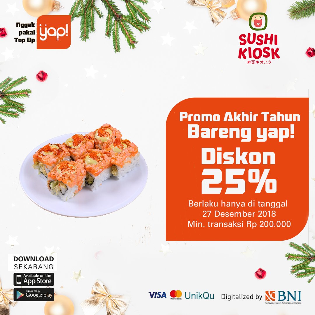 yapinaja's tweet photo. Bosen makan malam sama menu yang itu-itu saja? Cobain sushi di Sushi Kiosk, yuk! Dapatkan diskon 25% dengan pembayaran menggunakan yap! Tunggu apa lagi? Cek info lengkapnya di sini https://t.co/ZdGlICqtEm #yapinaja https://t.co/64nnfvLSVk