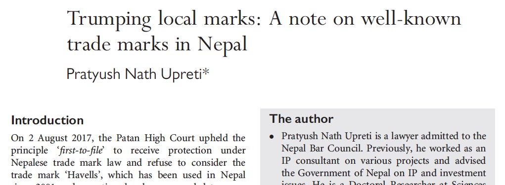 Pratyush_Upreti's tweet image. In this paper, I discuss the issues and challenges of well-known trade marks in Nepal and recent decsion of the DOI  to recognize 'facebook' as a well known trade marks @fncci_nepal @MoCNepal @newbusinessage @JIPLP academic.oup.com/jiplp/advance-…