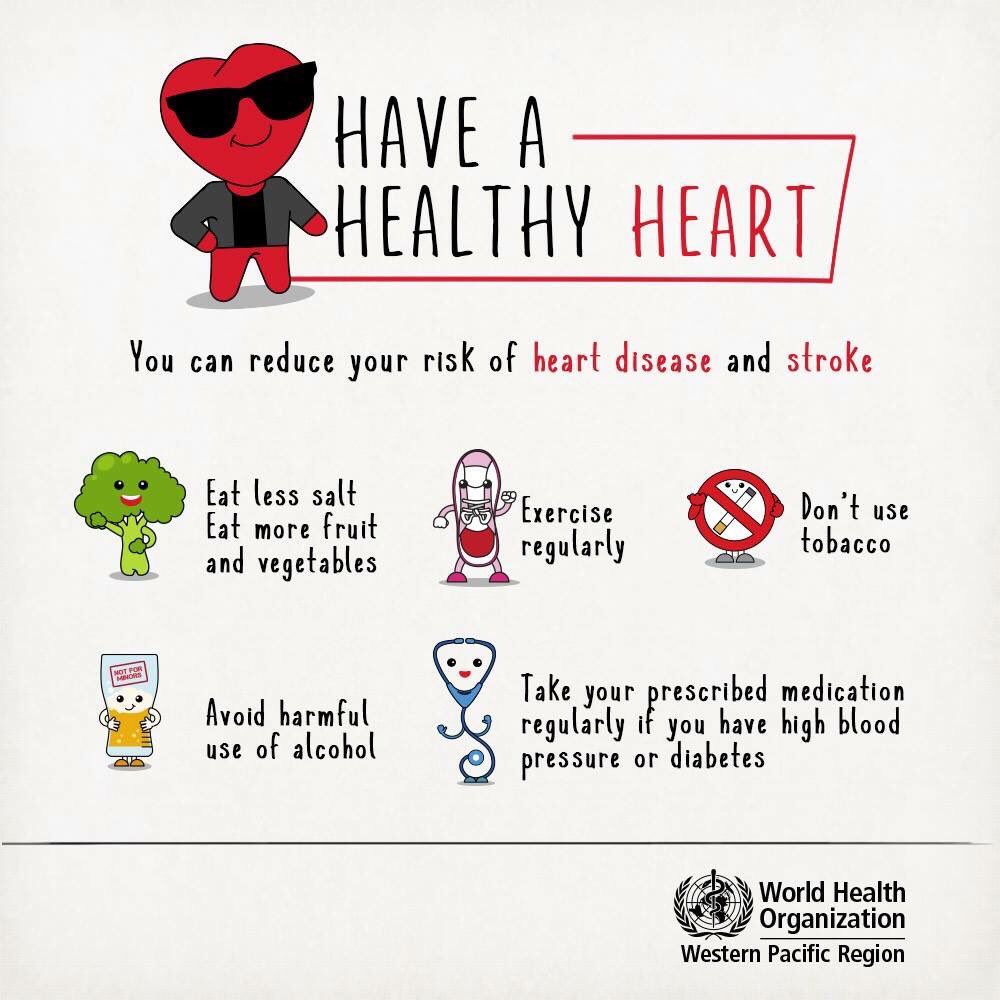 Reduce your risk of heart disease and stroke by

❤️ eating healthy
❤️ exercising regularly
❤️ not smoking
❤️ avoiding harmful use of alcohol
❤️ taking medication if it’s prescribed to you

Consult a health professional to get on the path to better cardiovascular health. #BeatNCDs