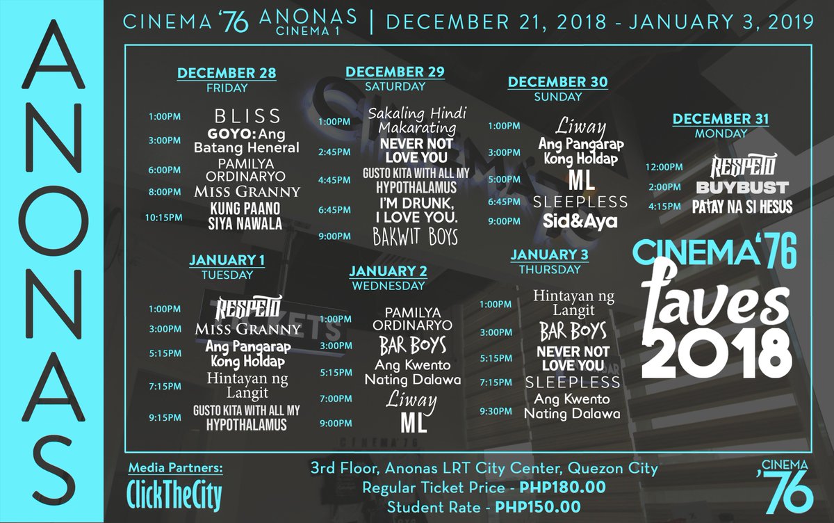 cinema76fs's tweet photo. Para sa mga hindi nakapanood dahil busy, nagbakasyon, nagpahinga, we always got you! 👌

We bring you again CINEMA '76 FAVES 2018! Salubungin natin ang 2019 nang may pag-asa sa Pelikulang Pilipino!

Regular Ticket Price - ₱180.00
Student Rate - ₱150.00

#cinema76fs https://t.co/JrJbenrS1k