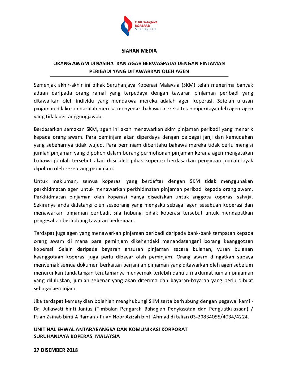 Skm Malaysia Twitter પર Orang Ramai Dinasihatkan Untuk Berhati Hati Dengan Tawaran Pinjaman Peribadi Yang Ditawarkan Oleh Individu Yang Mendakwa Mereka Adalah Agen Koperasi Jika Terdapat Perkara Sebegini Orang Ramai Dinasihatkan Untuk Menghubungi