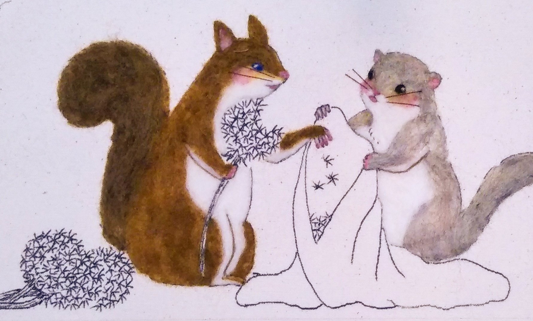 石川 恵 いしかわめぐみ タンポポの綿毛でお布団を作るリスとヤマネの刺繍イラスト リス エゾリス ヤマネ 羊毛フェルト 動物イラスト T Co 5evmcutsji Twitter
