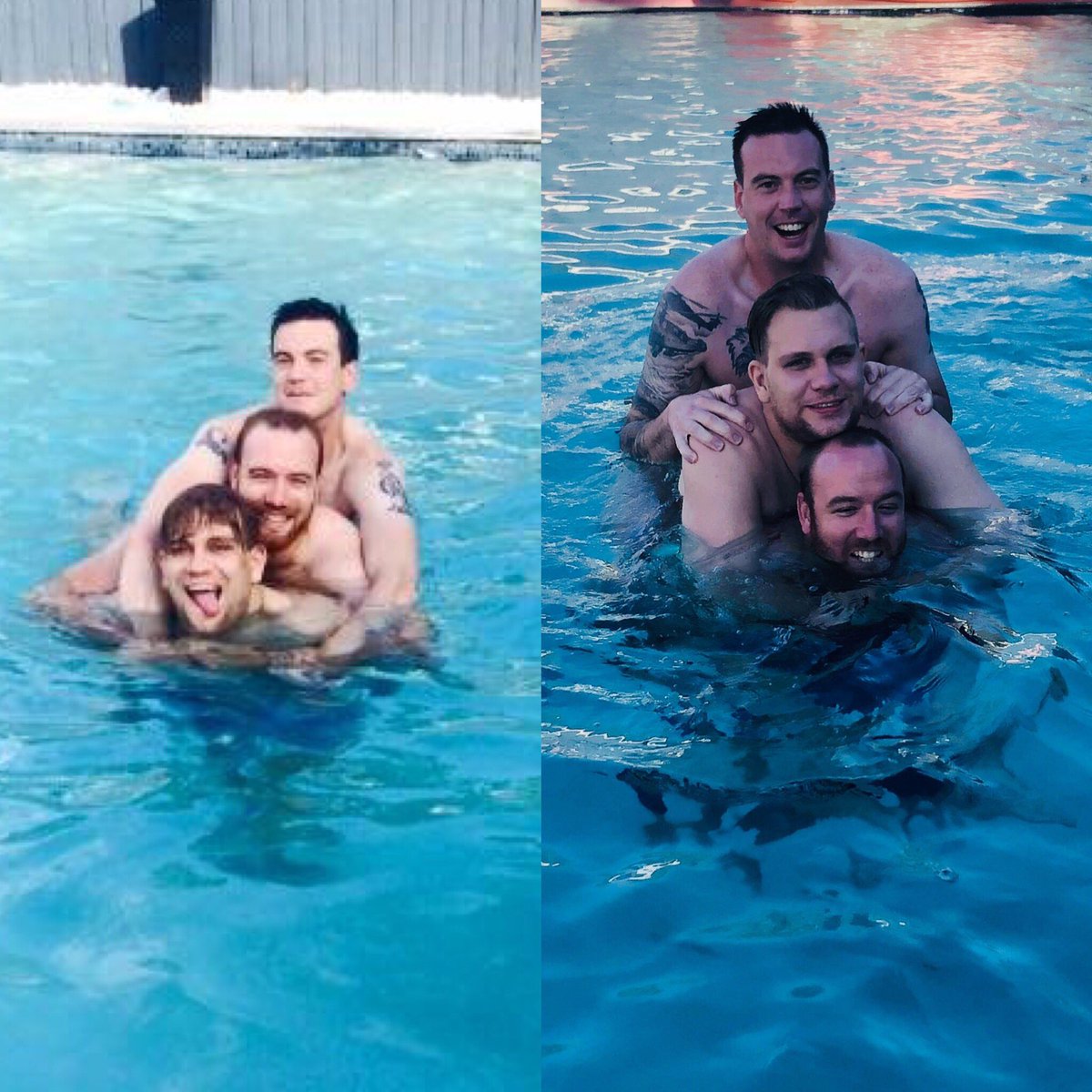 BeardyDavis's tweet photo. Four years apart, Luke, Danny and I still make one hell of a tasty manwich. ๐ฅช๐ #2014vs2018 #WhereTheHellDidThatTimeGo?! #Moist #PoolParty https://t.co/QibRPHWEGY