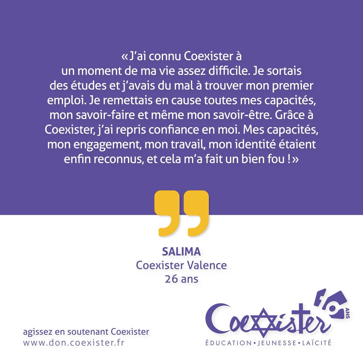 CxtValence's tweet photo. [CAMPAGNE DE DONS]
Comme Salima à #Valence chaque année 300 bénévoles prennent des responsabilités, pour permettre à Coexister de continuer son travail d’accompagnement et de formation.
Soutenez Coexister !
https://t.co/SMHwXG3Dg9 https://t.co/hvSU7u1IDh
