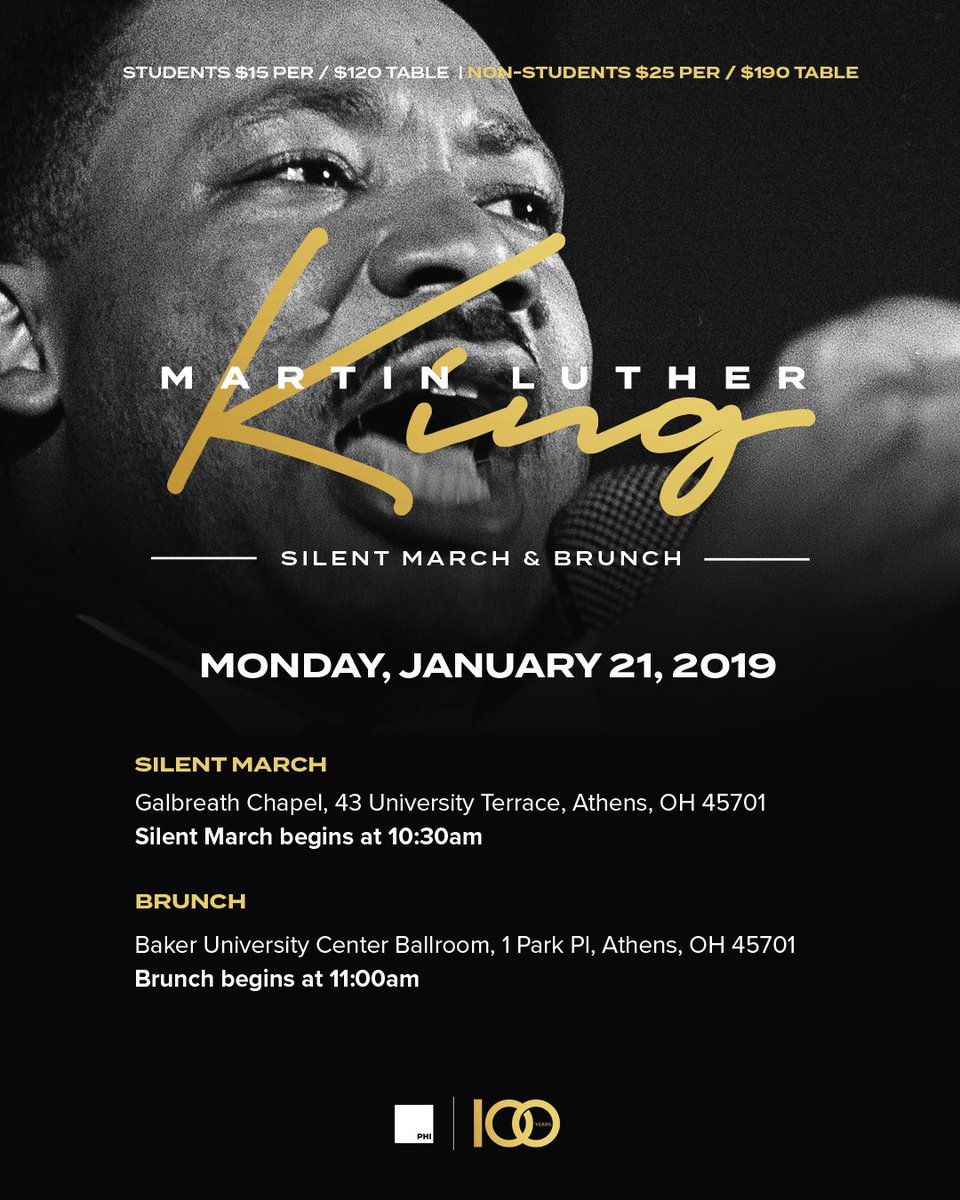 brothersofphi's tweet image. The 2019 Dr. Martin Luther King Jr. Silent March &amp;amp; Brunch will be held on January 21st in Baker Ballroom. 2019 marks a significant achievement as Phi Chapter celebrates our Centennial year. Tickets are available for purchase in the Multicultural Center. #MLK2019 #PhiStandard