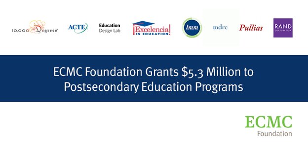 ECMCFoundation's tweet photo. Before ending 2018, we're taking a moment to congratulate several #ECMCFGrantees who recently received grants: @EdExcelencia @10000degrees @USCPullias @actecareertech @eddesignlab @LMMCleveland @MDRC_News @RANDCorporation Read about what they'll be doing! https://t.co/06il0kUAfI https://t.co/qPGgWbyUe9