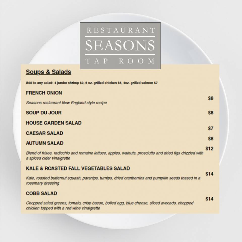 SEASONS RESTAURANT has a fantastic selection of Soups and Salads available!  Check our menu!
seasonsrestaurantavon.com