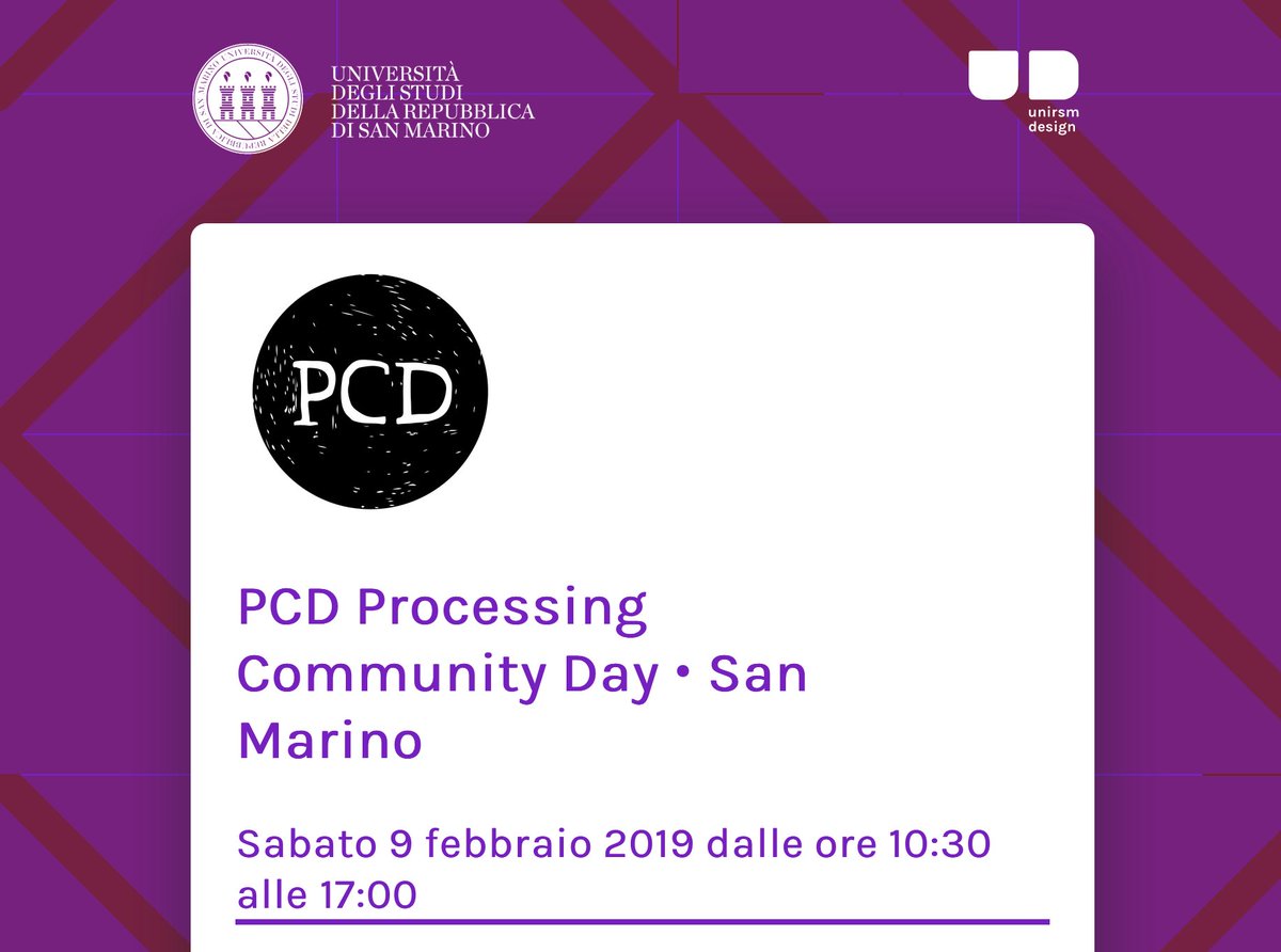PCD @ San Marino, talk aperta su inclusione e creative coding e piccoli workshop per capire il mondo. Sabato 9 febbraio dalle 10:30 alle 17 a <a href="/unirsmdesign/">Unirsm Design</a>. APERTO E LIBERO PER TUTTI. Più info su design.unirsm.sm/pcd/ - #pcd2019 #pcdsanmarino #processing #p5js