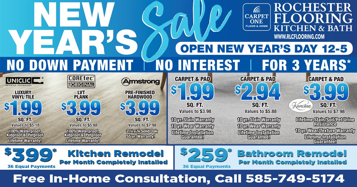 RocFlooringKB's tweet photo. Stop by one of our Showrooms this New Year's Day for huge savings on Hardwood, Carpeting and Luxury Vinyl Tile! We will be open from 12-5pm at the Henrietta and Victor locations. Call 585-749-5174 to schedule a free in-home consultation. Special Financing also available! https://t.co/8QolNIrKtC