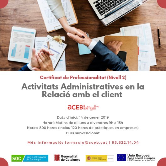 AcebBergueda's tweet photo. ✅ Apunta’t al nostre curs amb Certificat de Professionalitat en Activitats Administratives en la Relació amb el client.
🕣 Inclou 120 h de pràctiques en empreses.
Més info i inscripcions a formacio@aceb.cat 👇 
https://t.co/bW9I9F4pcZ https://t.co/it7q8HISFM