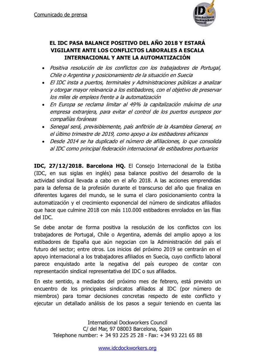 IDC_Dockers's tweet photo. #Idcpress balance del año #spanish #solidaridadinternacional #Proud2beDocker #estibadores #LongShoreman https://t.co/wrhY6n6WE8