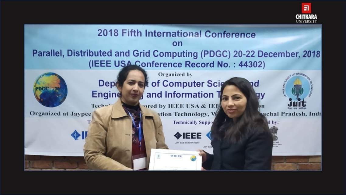 ChitkaraU's tweet photo. Ms.Vandana Associate Professor, Department of #ComputerApplications represented @ChitkaraU in the 5th International Conference on #Parallel, #Distributed and #GridComputing (#PDGC) 2018 in #Jaypee #University of #Information #Technology, Waknaghat, #Solan, #HimachalPradesh. https://t.co/mDfiCIfPIS