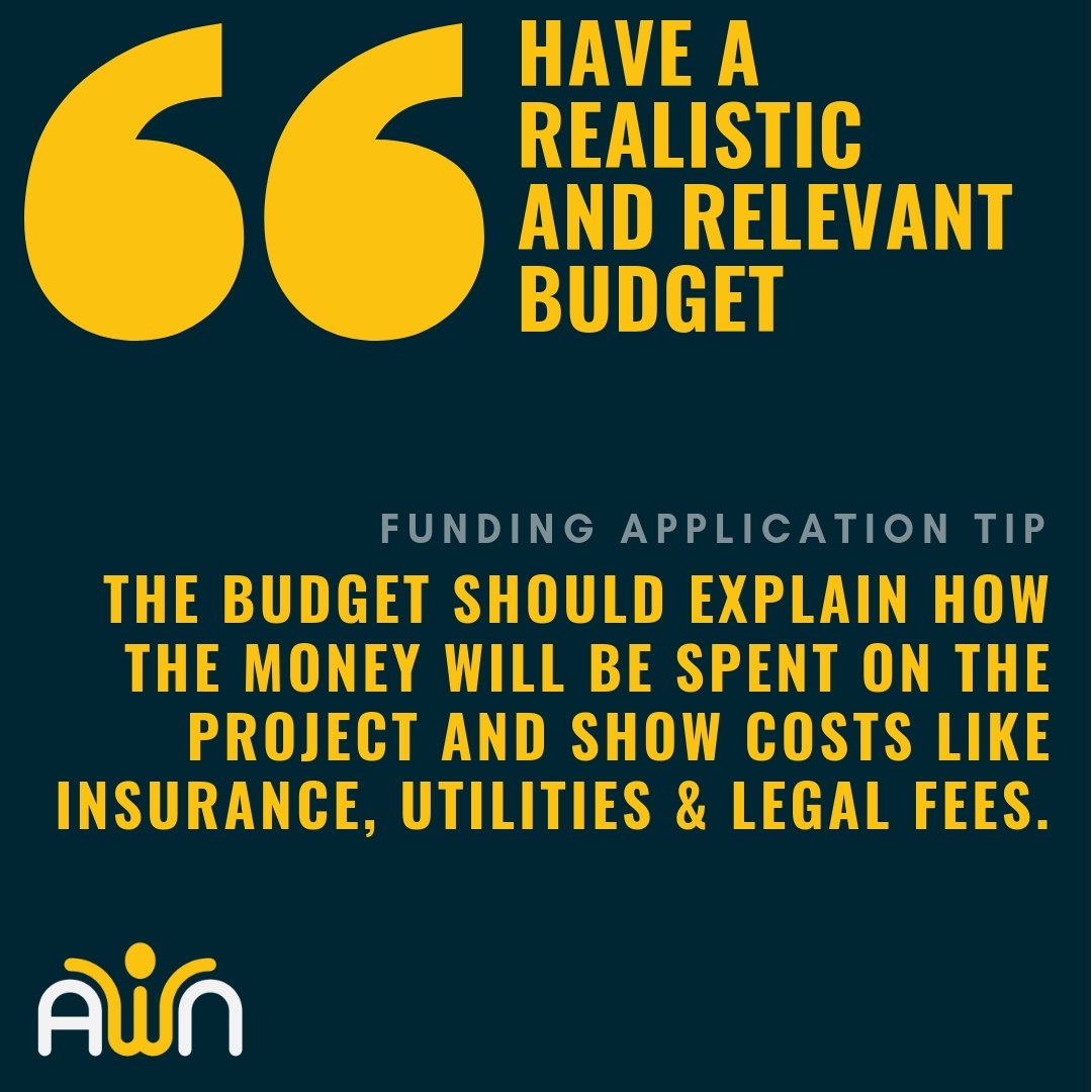 AWN_org's tweet photo. Looking for #funding? When completing applications, your budget should be realistic and clearly relevant to your activity. Remember to also include things like insurance, utilities and legal fees.
#charitytips #thursdaymotivation #tips #budget #smallcharity #goodtoknow https://t.co/ZMgoUTiBjs