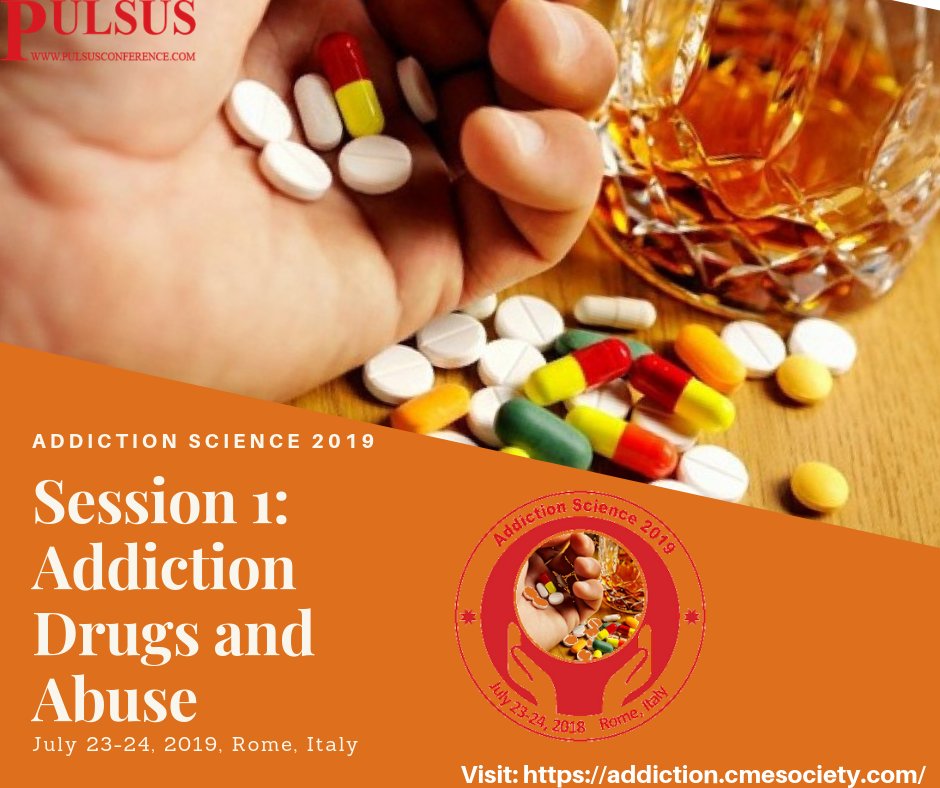AddictionSci18's tweet photo. Pulsus invites #speakers #delegates to present at Addiction Science 2019 congress. Event starts with interesting session on Addiction Drugs &amp; Abuse. Visit: https://t.co/geredeck8N
#addictionscience2019 #addiction #addictionconferences #addictionmedicine #substanceabuse #drugabuse https://t.co/Fkfg2ZDfP5