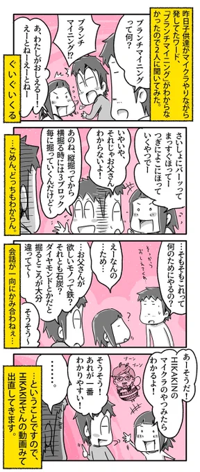 子供達にブランチマイニングを教わりました。

#一日一絵 #4コマ #絵日記 #マインクラフト 