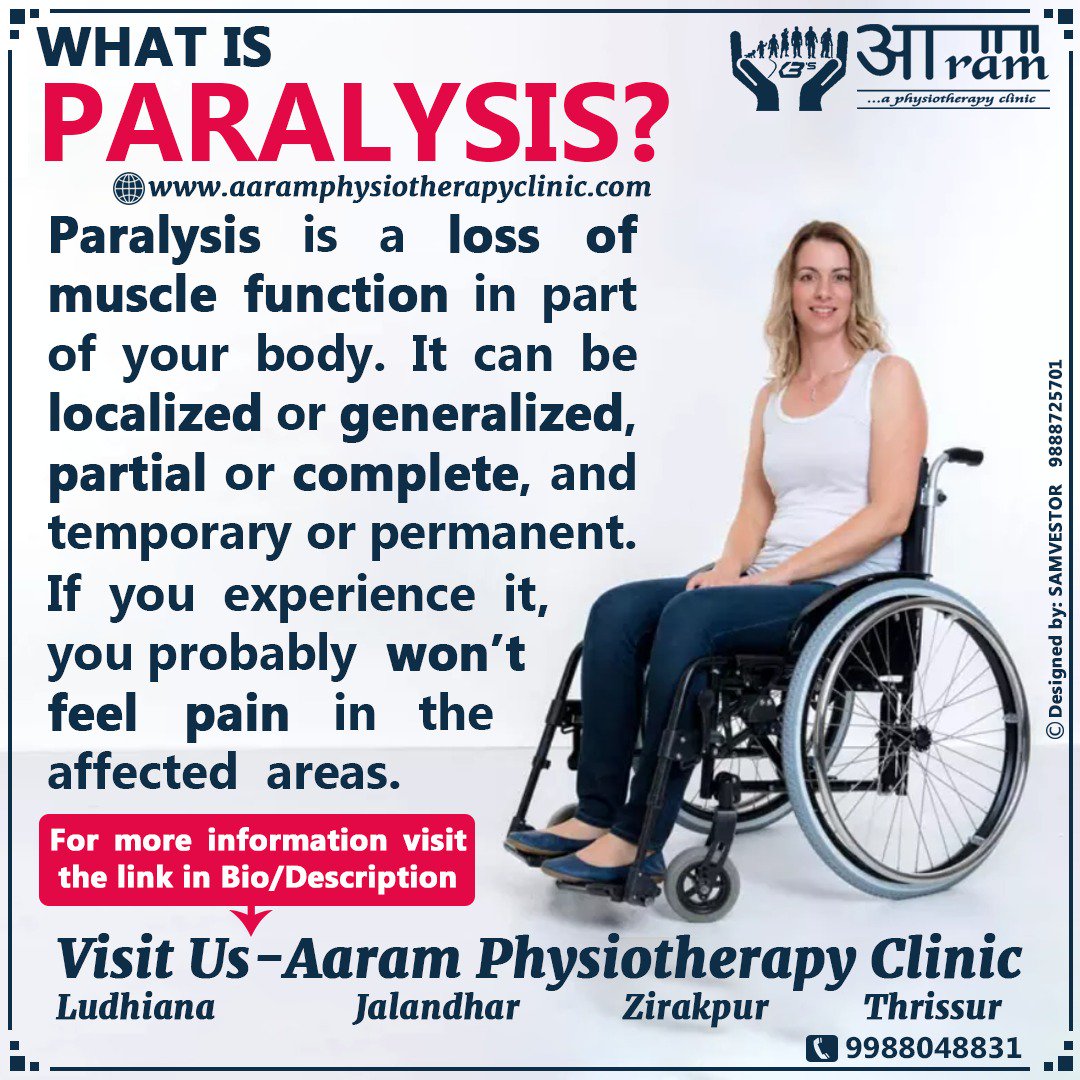 AaramClinic's tweet photo. For more info Visit- 
https://t.co/81o7LLQOPN
What is #Paralysis?
It is a loss of #muscle function in part of your #body. It can be localized or generalized, partial or complete and temporary or permanent. If you experience it, you probably won't feel #pain in the affected areas. https://t.co/lxDUkZraiK