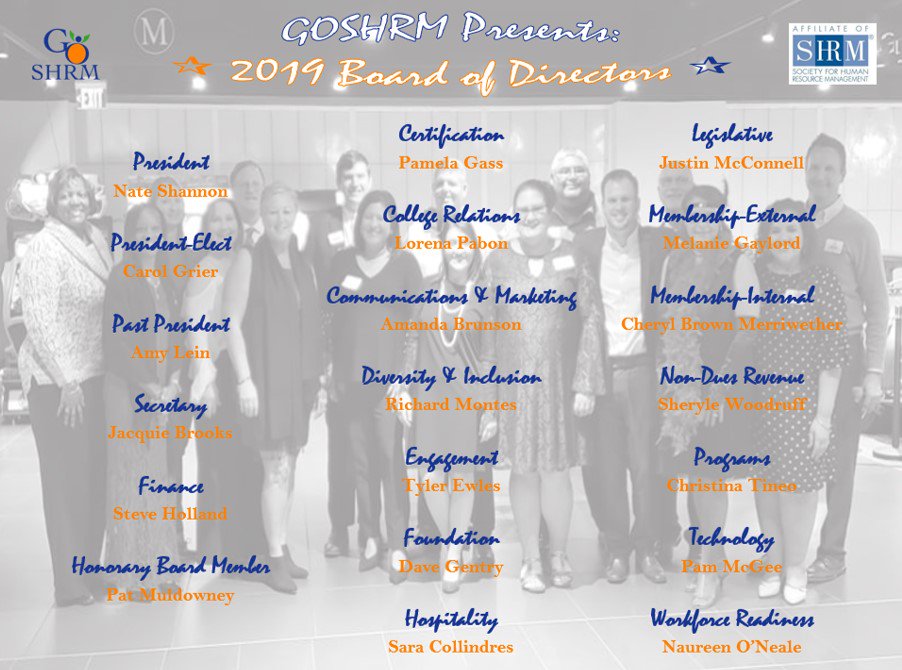 GOSHRM's tweet photo. Please join us in congratulating our new 2019 Board of Directors! @GOSHRM @hrflorida @SHRM #Volunteer #BoardofDirectors #HR #SHRM #SHRMAffiliate #ChapterLeadership #GOSHRM #ORLHR #GOSHRM19 #HRFL #GetInvolved #GetNoticed #GetAhead https://t.co/ZgWyM2Bj07
