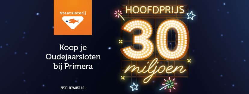 Hoofdprijs 30 MILJOEN!! Maakt u al kans om het nieuwe jaar te beginnen als Miljonair? Koop nu uw Oudejaarslot bij Primera! #oudejaarsloterij #evennaarprimera #staatsloterij #Groningen