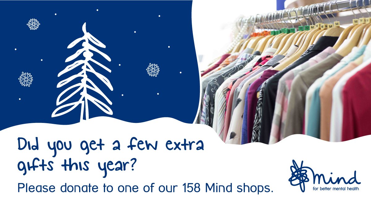 photo of a rack of clothes with a blue and white illustration of a Christmas tree and snowflakes. Text on the image says "Did you get a few extra gifts this year? Please donate to one of our 158 Mind shops"