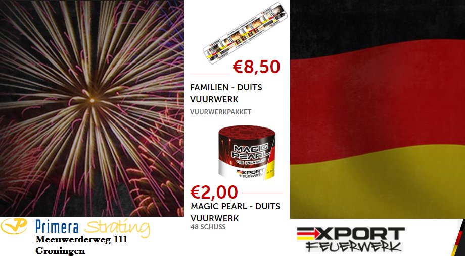 Ook dit jaar verkopen wij weer Duits vuurwerk. Ja dat doen wij tegen Duitse prijzen! Neem een kijkje op onze site voor het hele assortiment of kom tijdens de verkoopdagen bij ons langs in de winkel.
exportvuurwerk.nl/strating