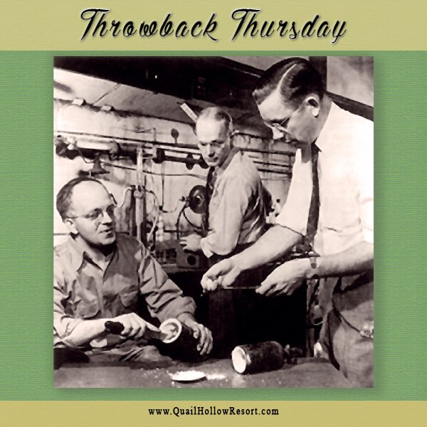QHResort's tweet photo. #ThrowbackThursday
Love your non-stick pans? Thank chemist Roy J. Plunkett, Ph.D. (1910 - 1994) of New Carlisle, OH. He discovered polytetrafluoroethylene (PTFE) - that is, Teflon, in 1938. 
Image: Dr. Plunkett &amp; team in the DuPont Lab/DuPont

#TBT #OhioHistory #QuailHollowResort https://t.co/1MDCZdTjJs