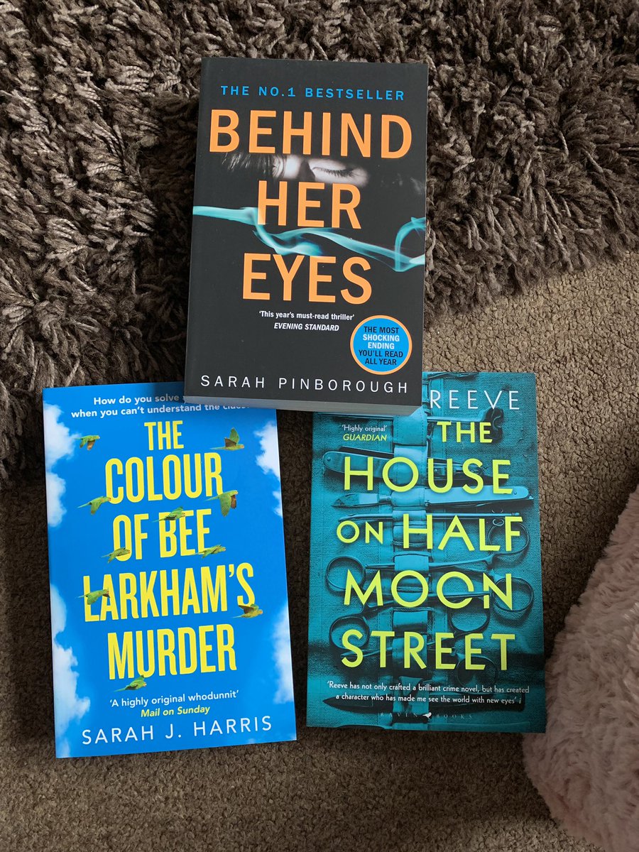 Today’s purchases  😃📚📚📚#Behindhereyes @SarahPinborough #TheColourofBeeLarkhamsMurder #SarahJHarris #TheHouseonHalfMoonStreet #AlexReeve