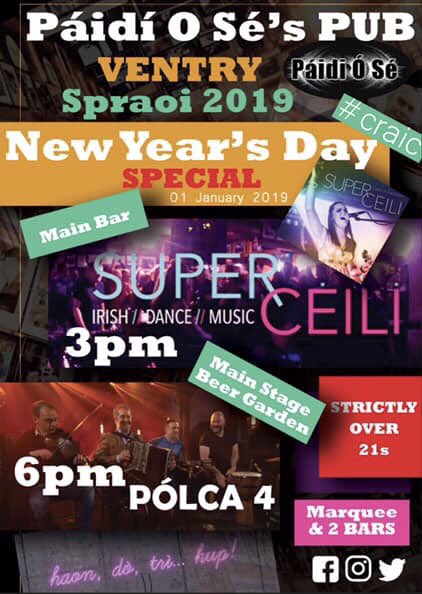Polca_4's tweet photo. It’s that time of year again!! 🍾💥🌟🍻🎄 Pólca 4 will be back in Ventry!🎻  Páidí Ó Sé's Pub Ventry 6pm, 1st Jan 2019  💥💥💥 @PIOs85 https://t.co/cTsauUnyu2