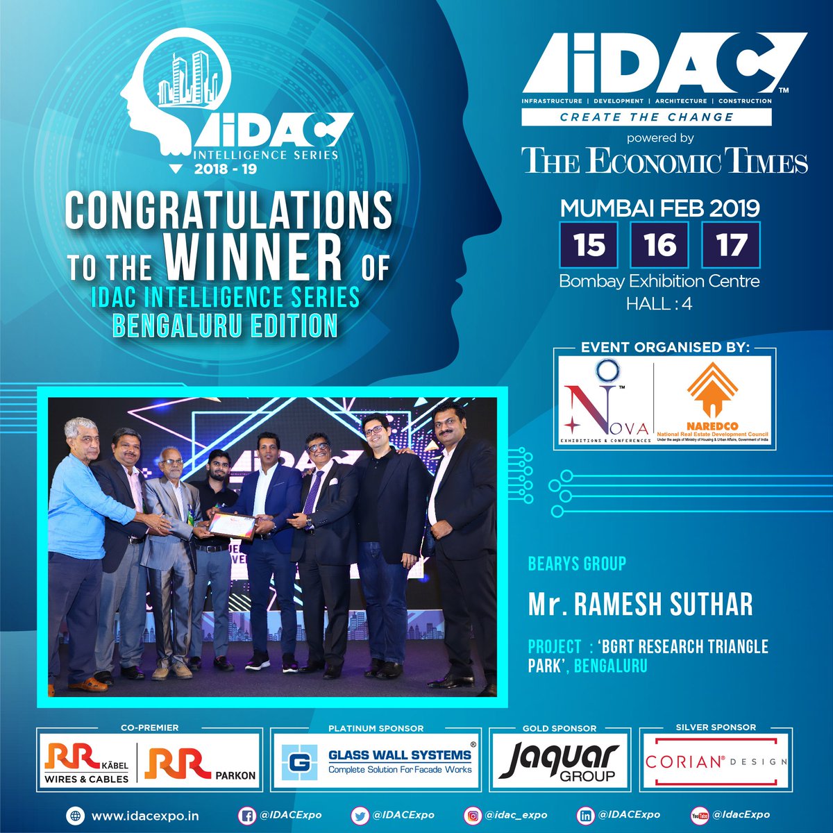 IDACExpo's tweet photo. "CONGRATULATES Mr.Ramesh Suthar, Beary's Group THE WINNER OF iDAC INTELLIGENCE SERIES Bengaluru EDITION 2018".
#IDACEXPO #IDACIntelligenceSeries #WINNER #CASESTUDY #VivekBhole #karlwadia #Rameshsuthar #Bearysgroup #NAREDCO #Theeconomictimes #JAQUAR #RRKABEL #GLASSWALL #Bengaluru https://t.co/zY1Mgv9fX9