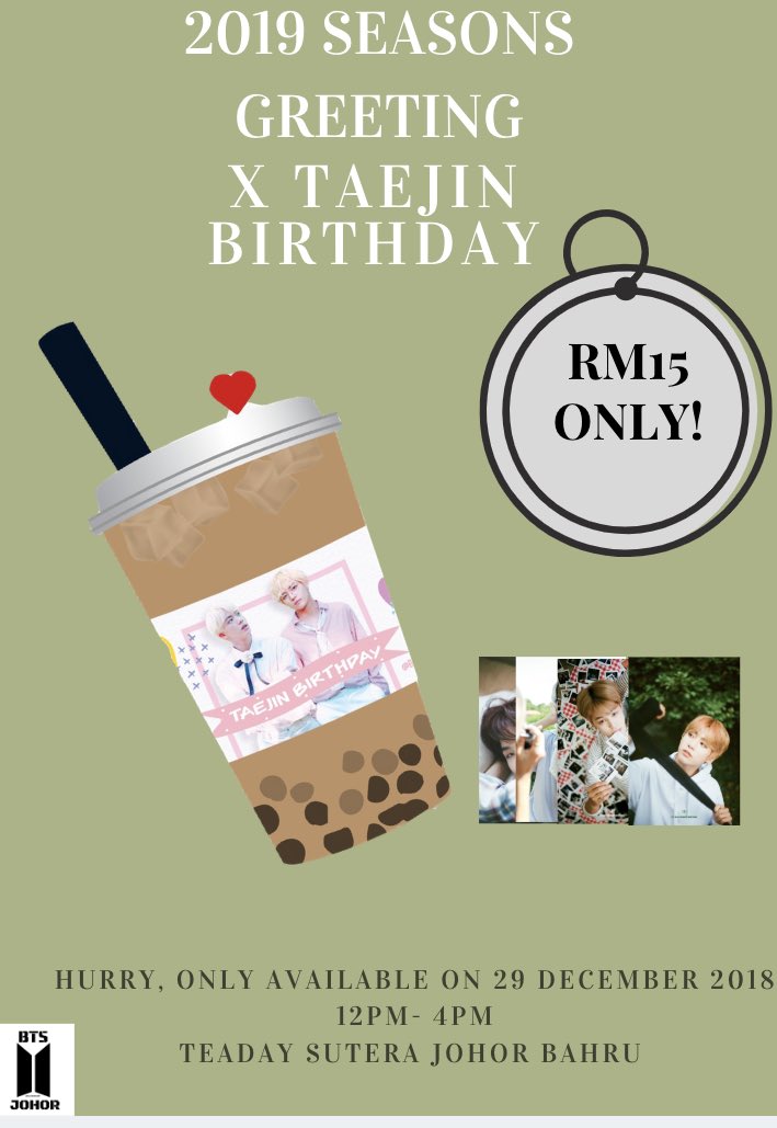 btsjohorevent's tweet photo. Good news! We selling another package for this saturday! Pay Rm15 and you get Emo less tea drinks, 4pcs photocards( have 8 photos) and taejin Cupsleeve~ 💜 *also get entry ticket #btsjohoryearendevent #btsjohor #btsjb #bts https://t.co/ea4aZ5nNGz