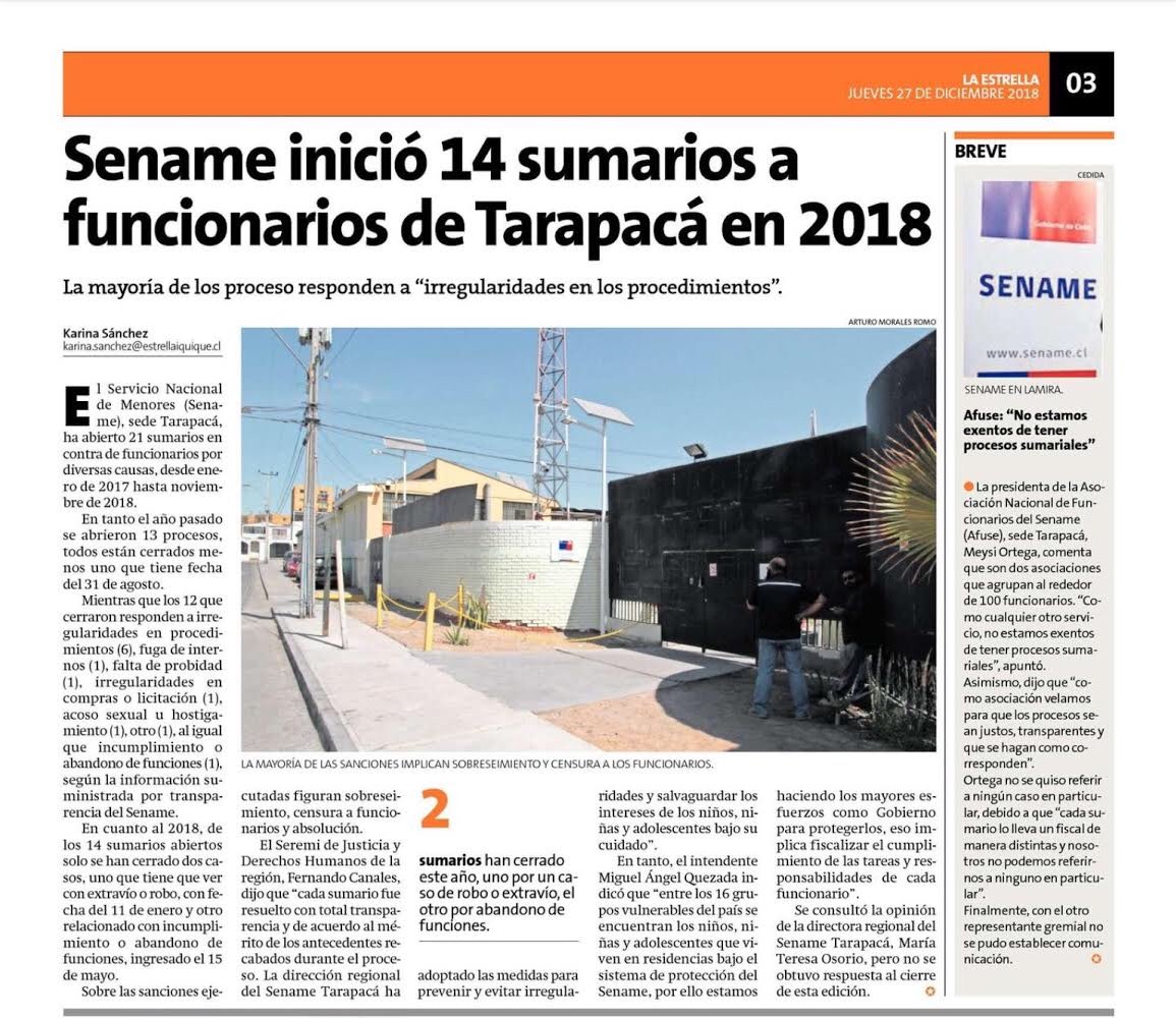 IquiquePs's tweet photo. Sería bueno q Directora Sename #Tarapaca aclare si en los 14 sumarios se incluyen los q la indican a ella como responsable de #AcosoLaboral, o será q este gobierno únicamente investiga a funcionarios y omite las arbitrariedades e ilegalidades cometidas por sus autoridades?! OJO https://t.co/eHv9MVOriS