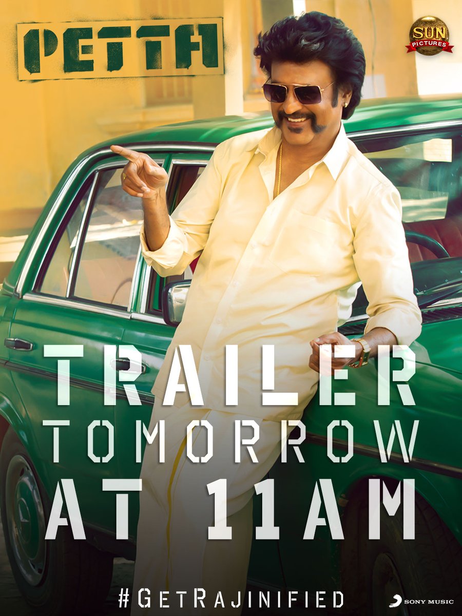 karthik subbaraj (@karthiksubbaraj) on Twitter photo #Petta Trailer from tomorrow 11AM.... Let's #GetRajinified
#PettaTrailerTomorrow <a href="/sunpictures/">Sun Pictures</a> #Petta Trailer from tomorrow 11AM.... Let's #GetRajinified
#PettaTrailerTomorrow <a href="/sunpictures/">Sun Pictures</a>