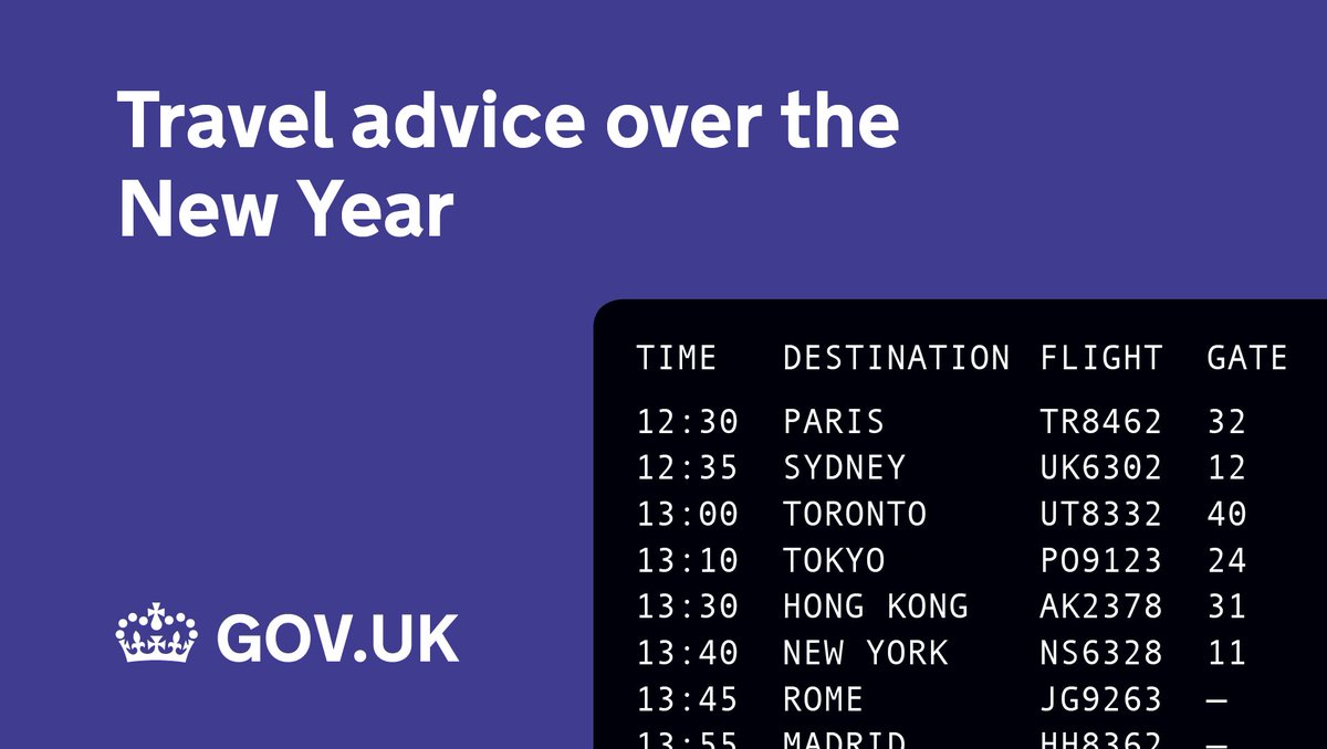 Purple background and a departures board. A GOV.UK logo and text reading 'Travel advice over the New Year'.