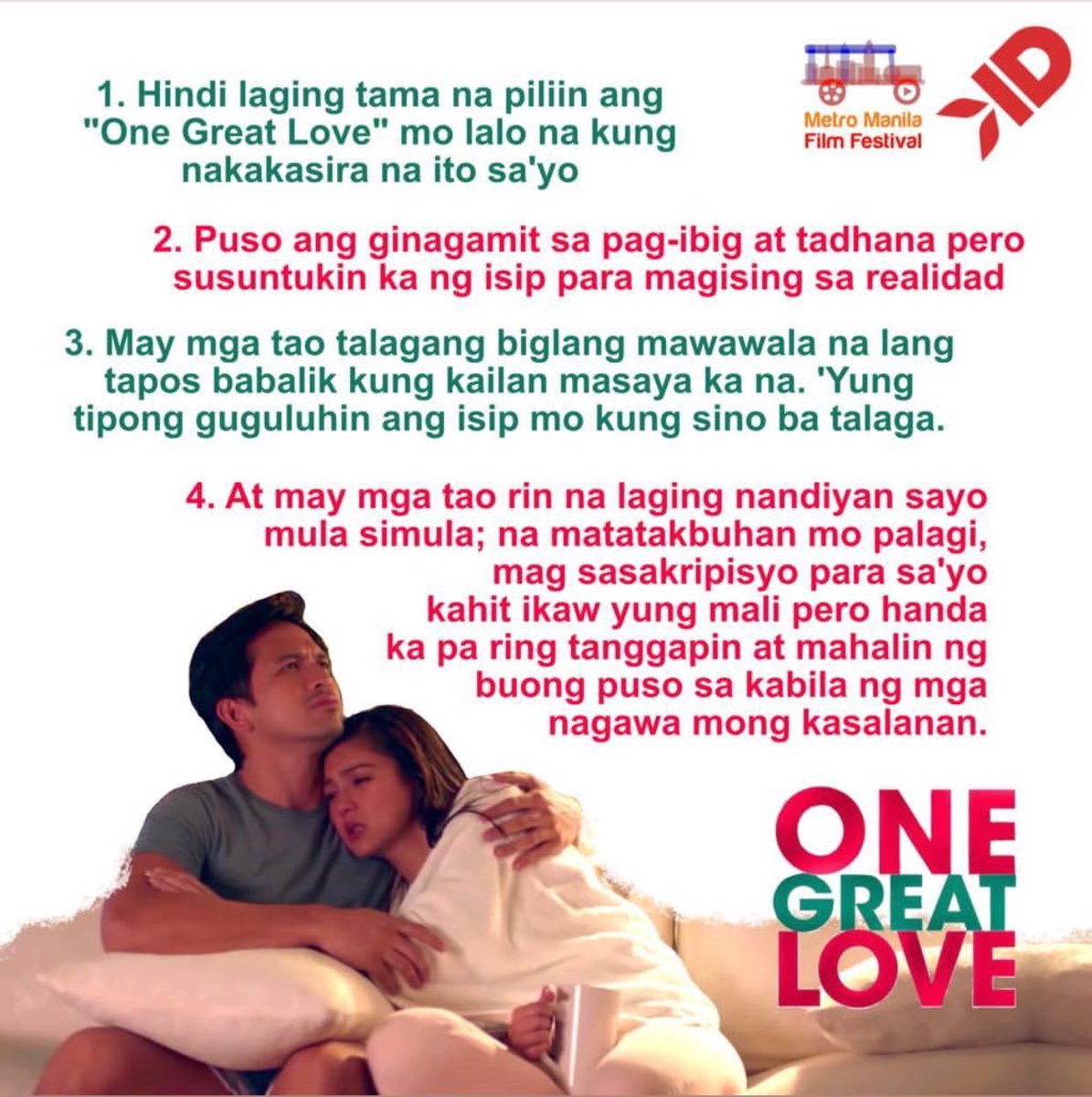 Kimxilimuy_gen's tweet photo. One Great Love ‘s lessons that you can  relate to ! Watch  and find out more about this movie! Quality film with unexpected twists and rollecoaster of emotions! @RegalFilms @prinsesachinita #OneGreatLoveWORTHWATCHING  #MoreCinemasforONEGREATLOVE https://t.co/Gp3EL9ZW6L