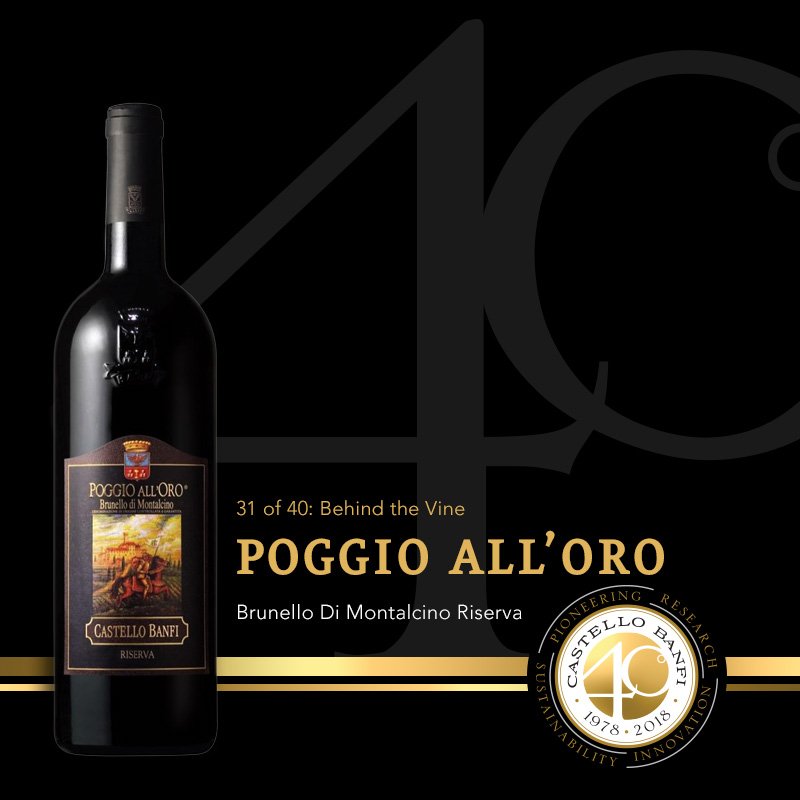 “Poggio all’Oro,” translated as “Golden Knoll,” is a single vineyard, 820 feet above sea level, particularly noted for its favorable microclimate, on the southern slopes of Montalcino. It is excellent with game, red meats, and aged cheeses.