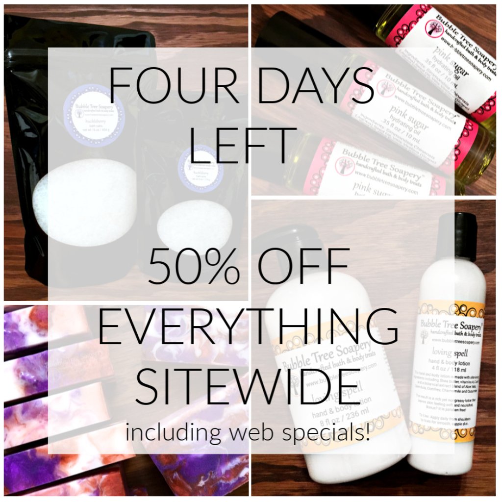 bubbletreesoaps's tweet photo. I'm just here to reminder you that we are moving and EVERYTHING on the website is 50% OFF (including everything on the web specials page)! I'll be shutting the website down on December 31st at noon until... #endofyearsale #movingsale #byebyefornow #handcraftedsoap #handmadesoap https://t.co/KsWQ8pI1ga