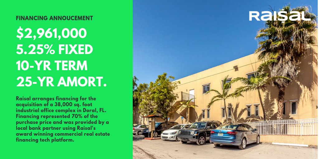 *** Deal Alert ***

We just arranged financing for the acquisition of this industrial office complex in Doral, FL.  #cre #commercialrealestate #commercialmortgage #mortgage #financing #funded #dealmakers #fintech